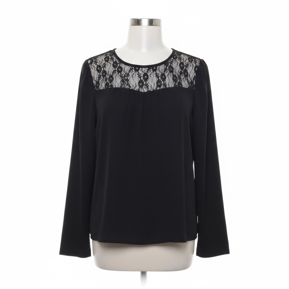 Dialogue Womens Black Long Sleeve Blouse Lace Yoke Keyhole Back Size Medium 8590